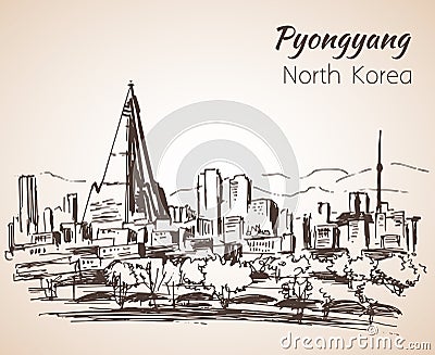 Pyongyang city sketch. North Korea. Vector Illustration