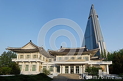 Pyongyang Embroidery Institute and Ryugyong Hotel, DPRK (North Korea) Editorial Stock Photo