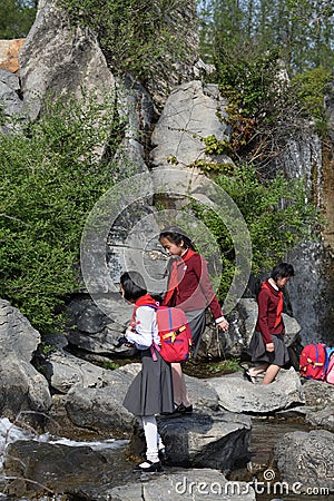 Pyongyang, North Korea. Pioneer girls Editorial Stock Photo