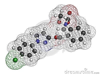 Pyraclostrobin fungicide molecule. 3D rendering. Atoms are represented as spheres with conventional color coding: hydrogen white. Stock Photo