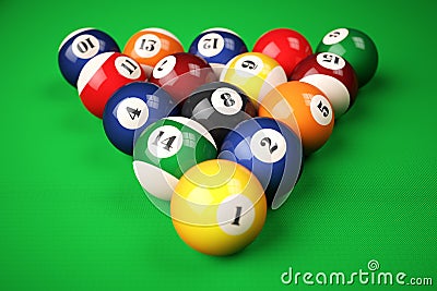 Pyramid balls pool billiard on green table Cartoon Illustration