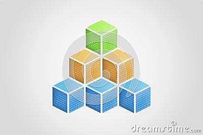 Pyramid of blockchain cubes with binary code, featuring blue, orange, and green hues Stock Photo