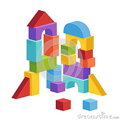 Pyramid built from children`s cubes. Toy castle for children`s play Vector Illustration