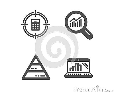 Pyramid chart, Data analysis and Calculator target icons. Graph laptop sign. Vector Vector Illustration