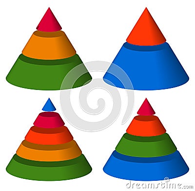 Pyramid, cone charts. 3-2-5-4 levels. Multilevel triangle 3d graphs Vector Illustration