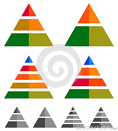 Pyramid, cone, triangle charts, graphs. 3-2-5-4 level, multileve Vector Illustration