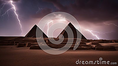 the pyramid A cosmic dance of forces, where the pyramid and lightning are partners. The pyramid is brown and ancient Stock Photo