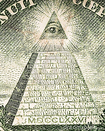 Pyramid, Eye of Providence. Extreme Pyramid of Banknotes of the United States dollar on white background. Stock Photo