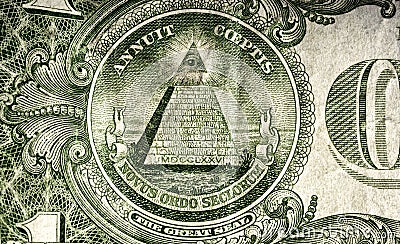 Pyramid, Eye of Providence. Extreme Pyramid of Banknotes of the United States dollar on white background. Stock Photo