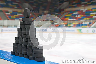 The pyramid of hockey pucks Editorial Stock Photo