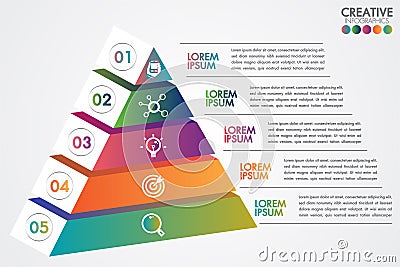 Pyramid infographic colorful template with 5 steps or options concept.Each part contains unique number, icon and space for own Stock Photo