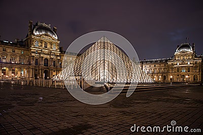 Pyramid Louvre museum at night in Paris Editorial Stock Photo