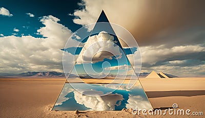 Pyramid made of stained tiffany glass in the desert. Generative ai Stock Photo