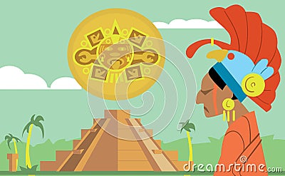 Pyramid Maya, chief of tribe Maya. Vector Mayan. Vector Illustration