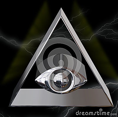 Pyramid with metal eye and glow with black background and lightnings in the distance Stock Photo