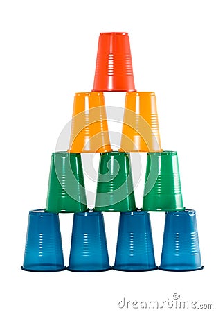 Pyramid from multi-coloured plastic glasses Stock Photo