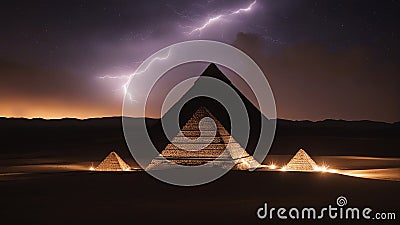 pyramid in the night A cosmic dance of forces, where the pyramid and lightning are partners. The pyramid is brown and ancient Stock Photo
