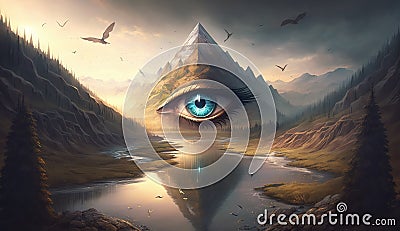 Pyramid with an open Third Eye reflecting in water in a magical landscape. Psychic visions, lucid dreaming. Generative AI Stock Photo
