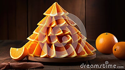 Pyramid of sliced oranges on wooden table, promoting natural, healthy eating. Fresh vitality, Ai Generated Stock Photo