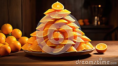 Pyramid of sliced oranges on wooden table, promoting natural, healthy eating. Fresh vitality, Ai Generated Stock Photo