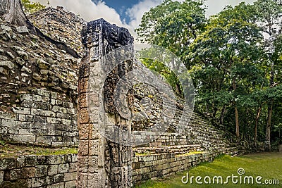 Pyramid stairs and Carved Stella in Mayan Ruins - Copan Archaeological Site, Honduras Editorial Stock Photo