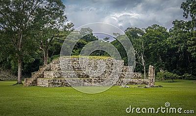 Pyramid and Stella in Great Plaza of Mayan Ruins - Copan Archaeological Site, Honduras Editorial Stock Photo