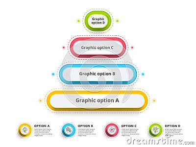 Pyramid 4 step process chart infographics with option circles. F Vector Illustration