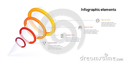 Pyramid 4 step process chart infographics with option circles. Funnel business workflow hierarchy elements. Company presentation Vector Illustration