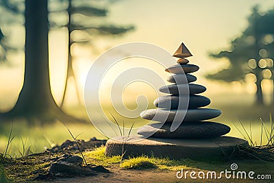 Pyramid stones balance on old mossy fallen tree. Stone pyramid in focus. Stock Photo