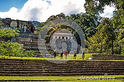 Pyramids and ancient buildings in archaeological site of Palenque, Mexico Stock Photo
