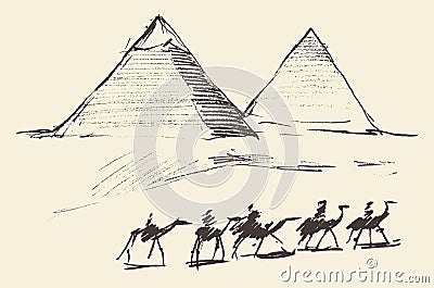 Pyramids Cairo Egypt with Caravan Camels Vintage Vector Illustration