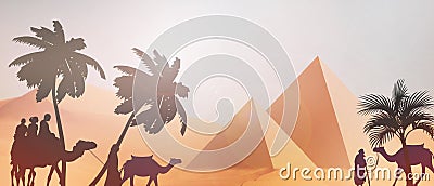 Pyramids and desert backgrounds in Egypt with Silhouette of a man on a camel leash for Morning sunshine Cartoon Illustration