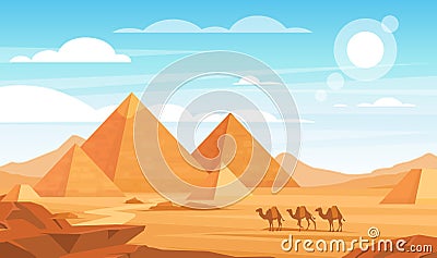 Pyramids in desert flat vector illustration. Egyptian landscape panoramic cartoon background. Bedouin camels caravan and Vector Illustration