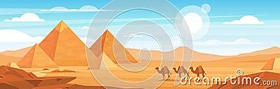 Pyramids in desert flat vector panoramic illustration. Egyptian landscape at daytime cartoon background. Camels caravan Vector Illustration