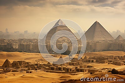 The pyramids of Giza and Cairo city in Egypt, Africa, Egypt, Cairo - Giza, General view of pyramids and cityscape from the Giza Stock Photo