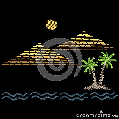 Pyramids and palm tree with wave embroidery stitches imitation Vector Illustration