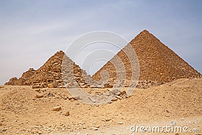 Pyramids of Queens and Pyramid of Menkaure Stock Photo