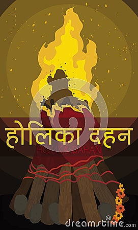 Pyre with Label Announcing Holika Dahan and Beginning of Holi, Vector Illustration Vector Illustration