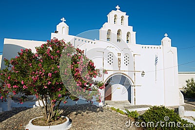 Church of Pyrgos Kallistis at Santorini island in Pyrgos, Greece. Editorial Stock Photo