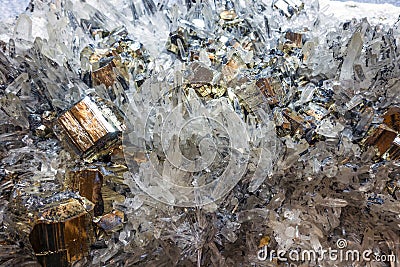 Pyrite and other crystals illuminated with monocromatic light Stock Photo