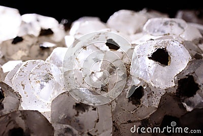 Pyrites and calcite translucent minerals on a black background Stock Photo