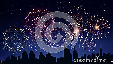 Pyrotechnics And Fireworks In City Background Vector Illustration