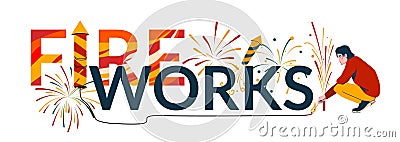 Pyrotechnics Fireworks Launch Flat Text Composition Vector Illustration