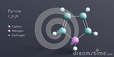 pyrrole molecule 3d rendering, flat molecular structure with chemical formula and atoms color coding Stock Photo