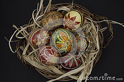 Pysanky Colorful Ukrainian Easter Eggs in a basket Stock Photo