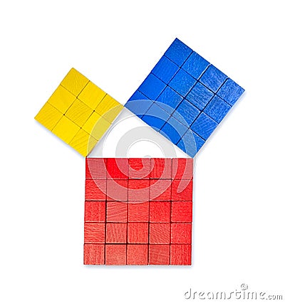 Pythagorean theorem shown with colorful wooden cubes, from above Stock Photo