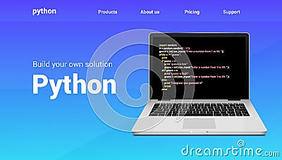 Python programming code technology banner. Python language software coding development website design Vector Illustration