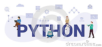 Python programming language concept with modern big text or word and people with icon related modern flat style Vector Illustration