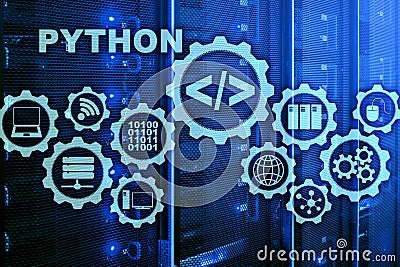 Python Programming Language on server room background. Programing workflow abstract algorithm concept on virtual screen. Stock Photo