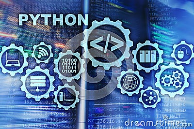 Python Programming Language on server room background. Programing workflow abstract algorithm concept on virtual screen Stock Photo